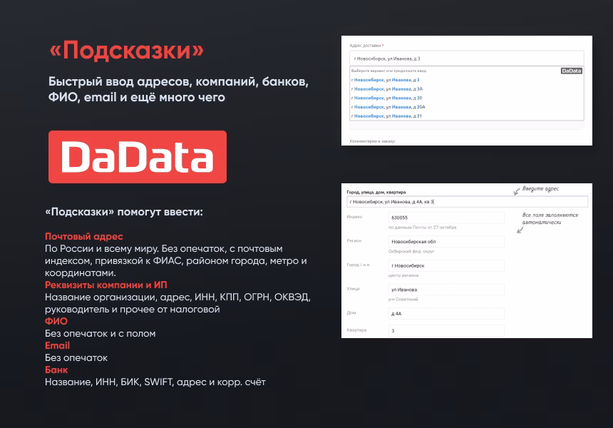 Подсказки по ФИО, адресам и реквизитам компаний на странице заказа Dadata.ru